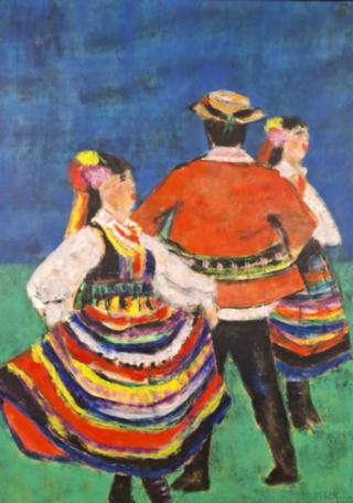 Acryl schilderij, Maya Wildevuur, Folkloredansers, 1993